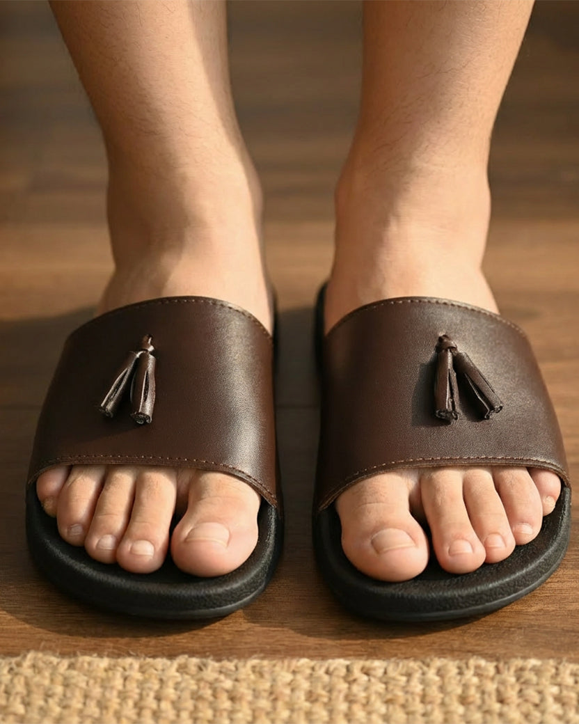 Black Camel PVC Tassel Style Slide, Brown