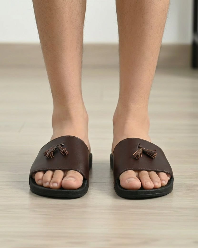 Black Camel Tassel Slide Slipper For Men Brown