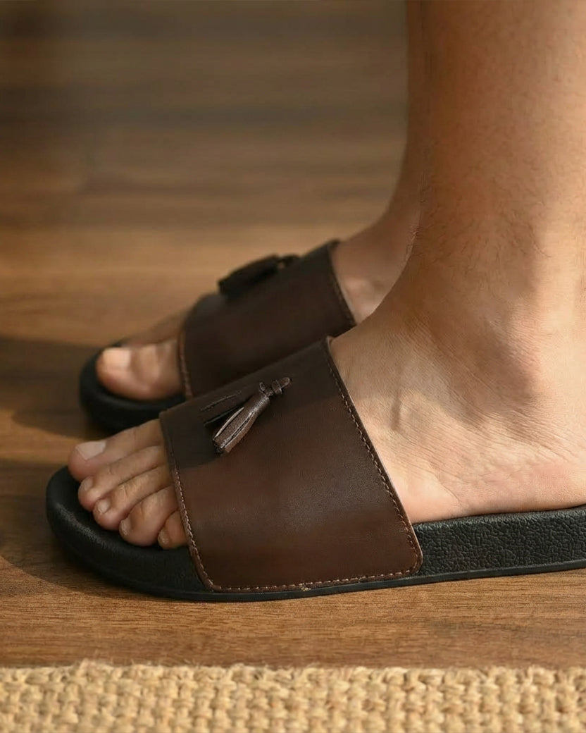 Black Camel PVC Tassel Style Slide, Brown